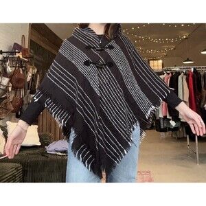 Mixit Black White Geometric Fringe Button Shawl Wrap for Women